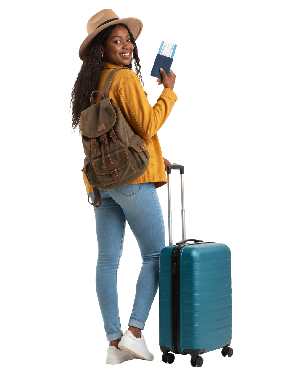 Nigerian traveller holding a passport and boarding pass with luggage